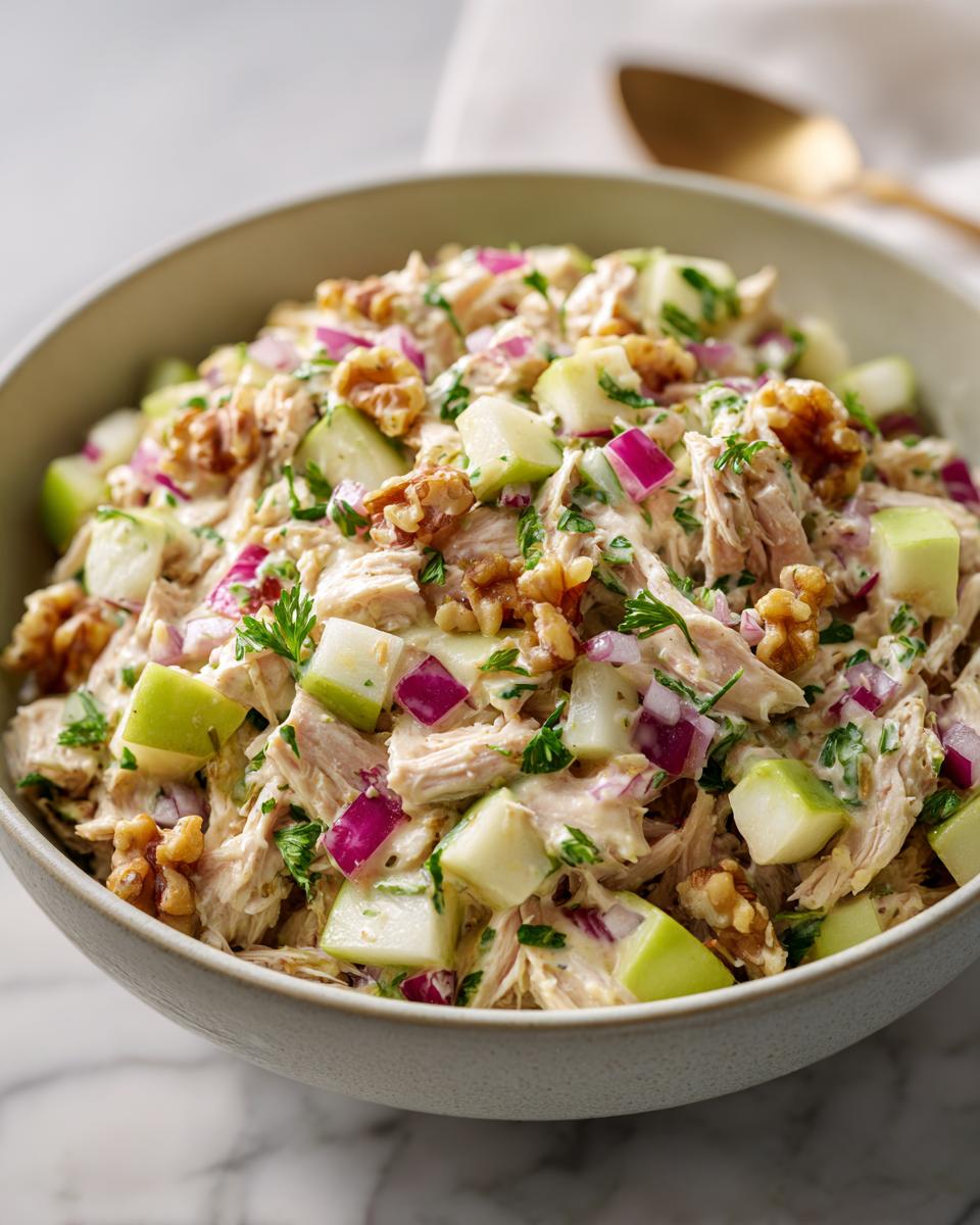 A bowl of creamy Honey Mustard Chicken Salad with chunks of apple, red onion, and walnuts.