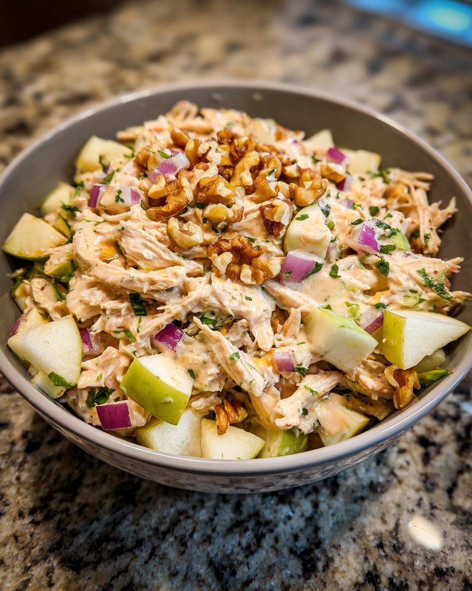 A bowl of Honey Mustard Chicken Salad mixed with chopped apples, red onion, walnuts, and fresh parsley.