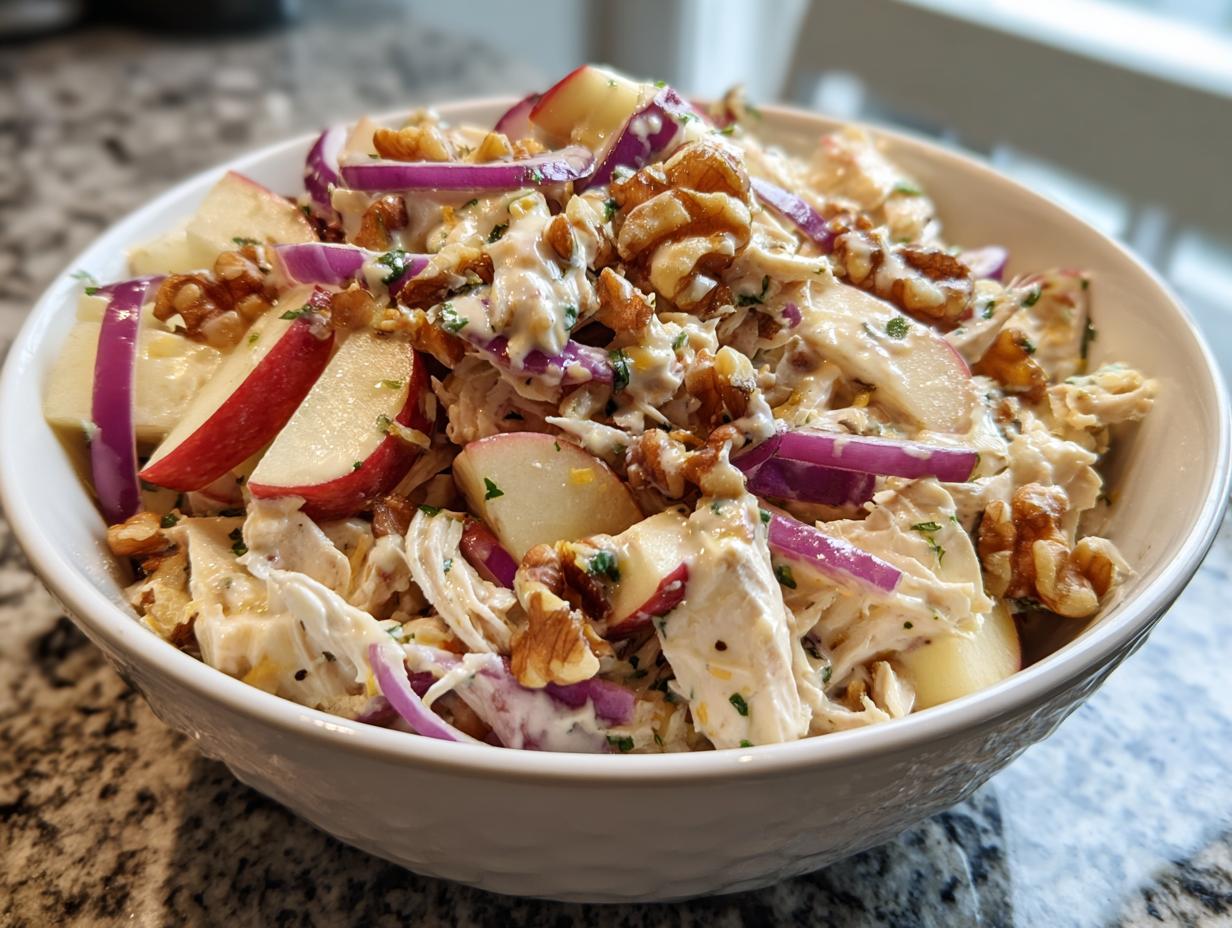 A close-up of a white bowl filled with Honey Mustard Chicken Salad, featuring shredded chicken, apple slices, red onion, and walnuts.