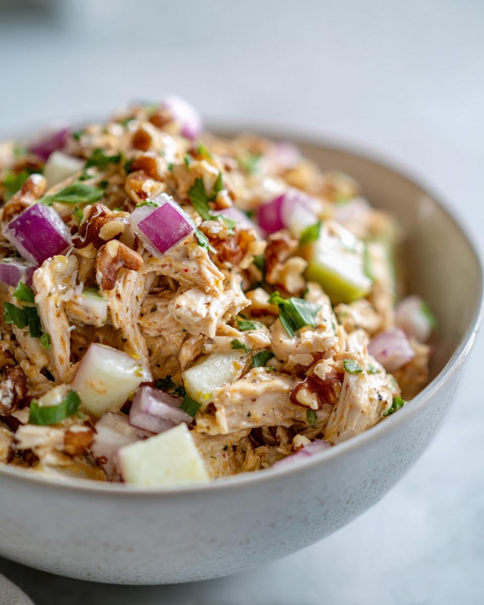Close-up of a bowl of Honey Mustard Chicken Salad with chopped red onion, celery, and nuts.