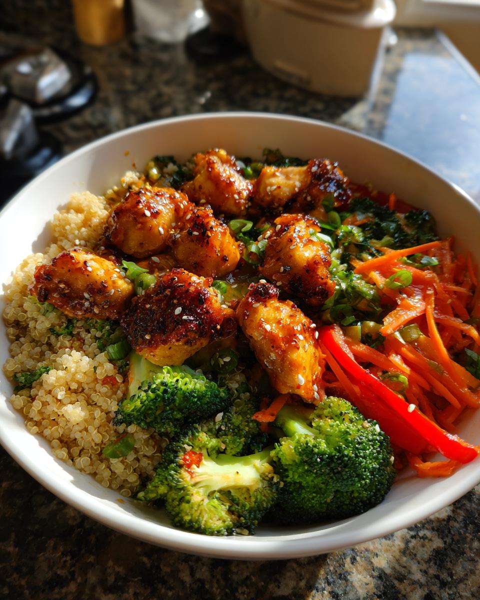 A delicious hot honey chicken bowl featuring crispy chicken pieces, quinoa, broccoli, shredded carrots, and red bell pepper.