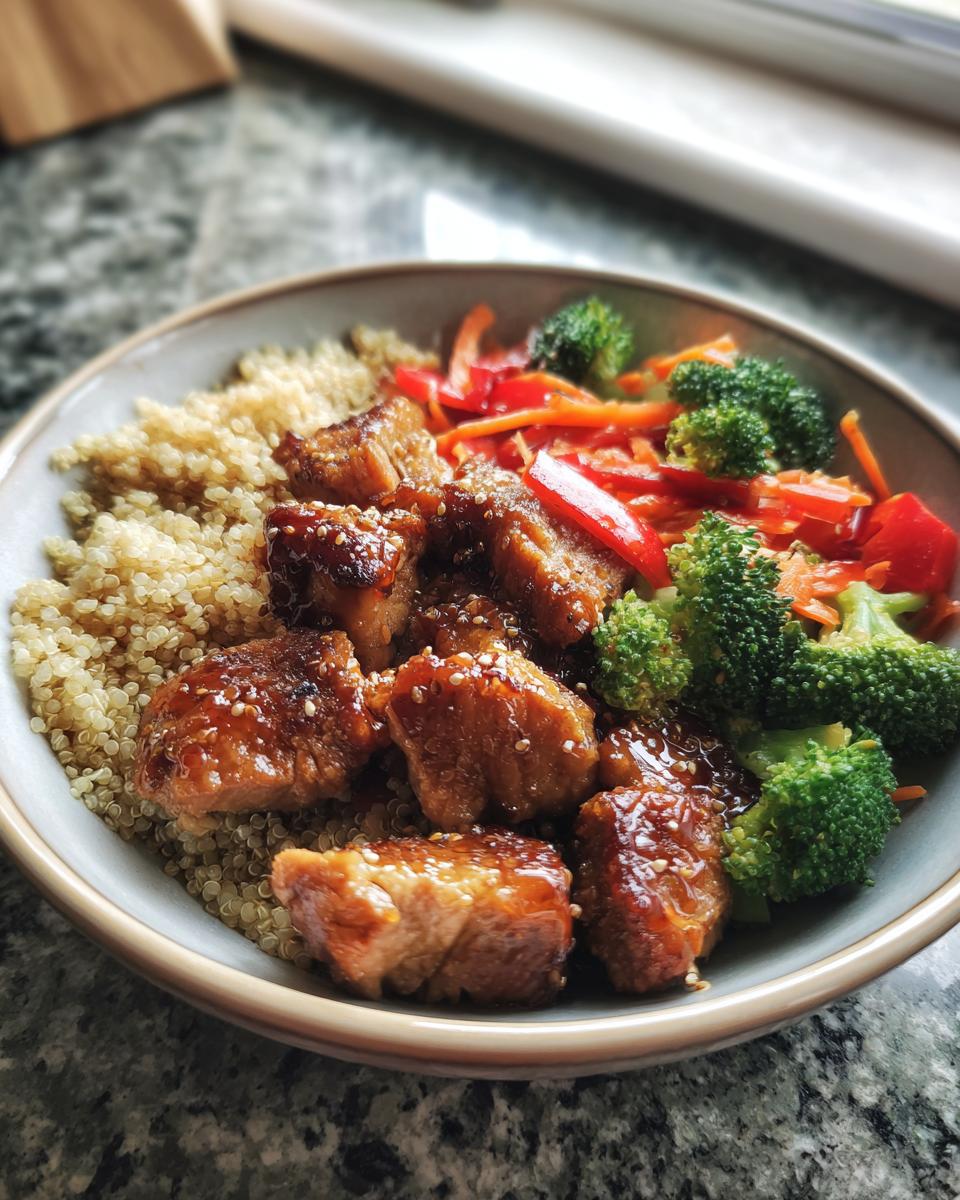 A close-up of a delicious hot honey chicken bowl featuring glazed chicken pieces, fluffy quinoa, and colorful steamed vegetables.