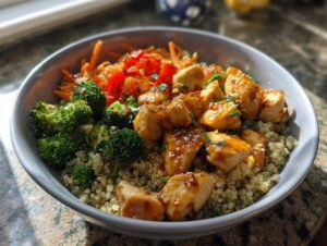 A delicious hot honey chicken bowl with quinoa, broccoli, shredded carrots, and red peppers, topped with sesame seeds and chives.