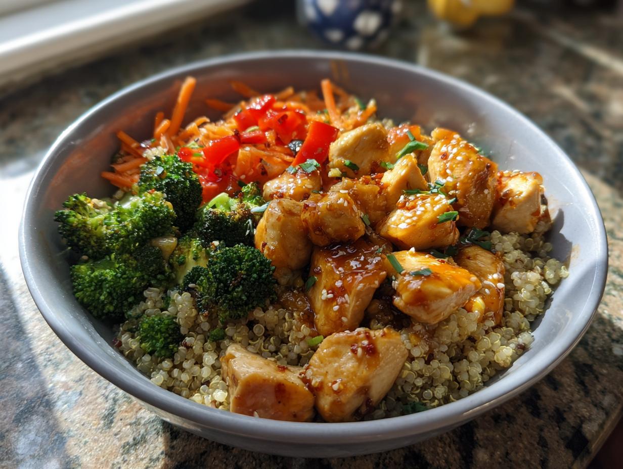 A delicious hot honey chicken bowl with quinoa, broccoli, shredded carrots, and red peppers, topped with sesame seeds and chives.