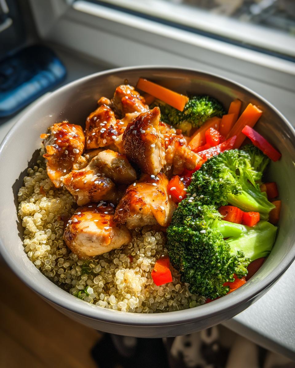 A delicious hot honey chicken bowl with quinoa, broccoli, bell peppers, and carrots, topped with sesame seeds.