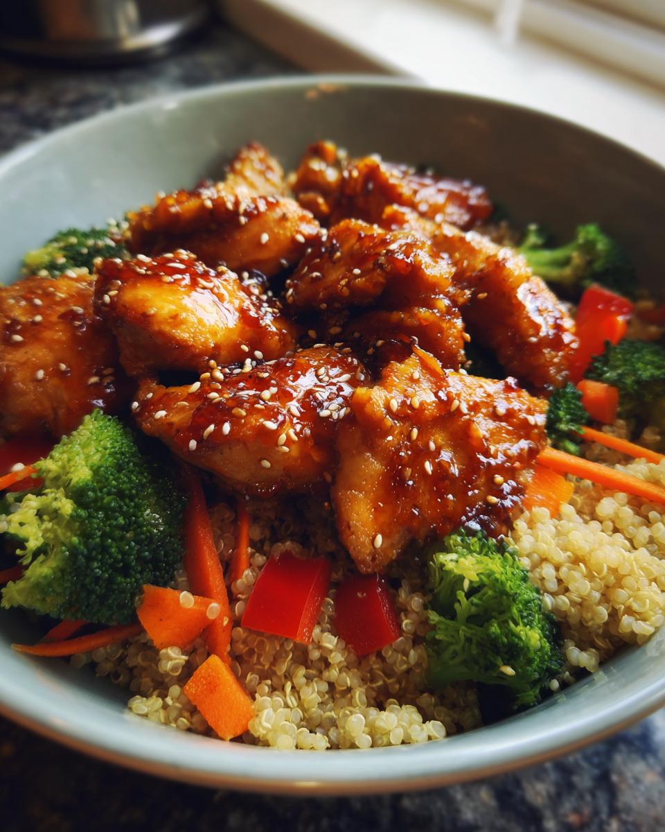 A close-up of a delicious Hot Honey Chicken Bowl featuring glazed chicken pieces, quinoa, broccoli, carrots, and red bell peppers.