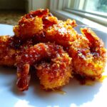 Close-up of crispy, golden hot honey fried shrimp piled on a white plate, glistening with sweet glaze.