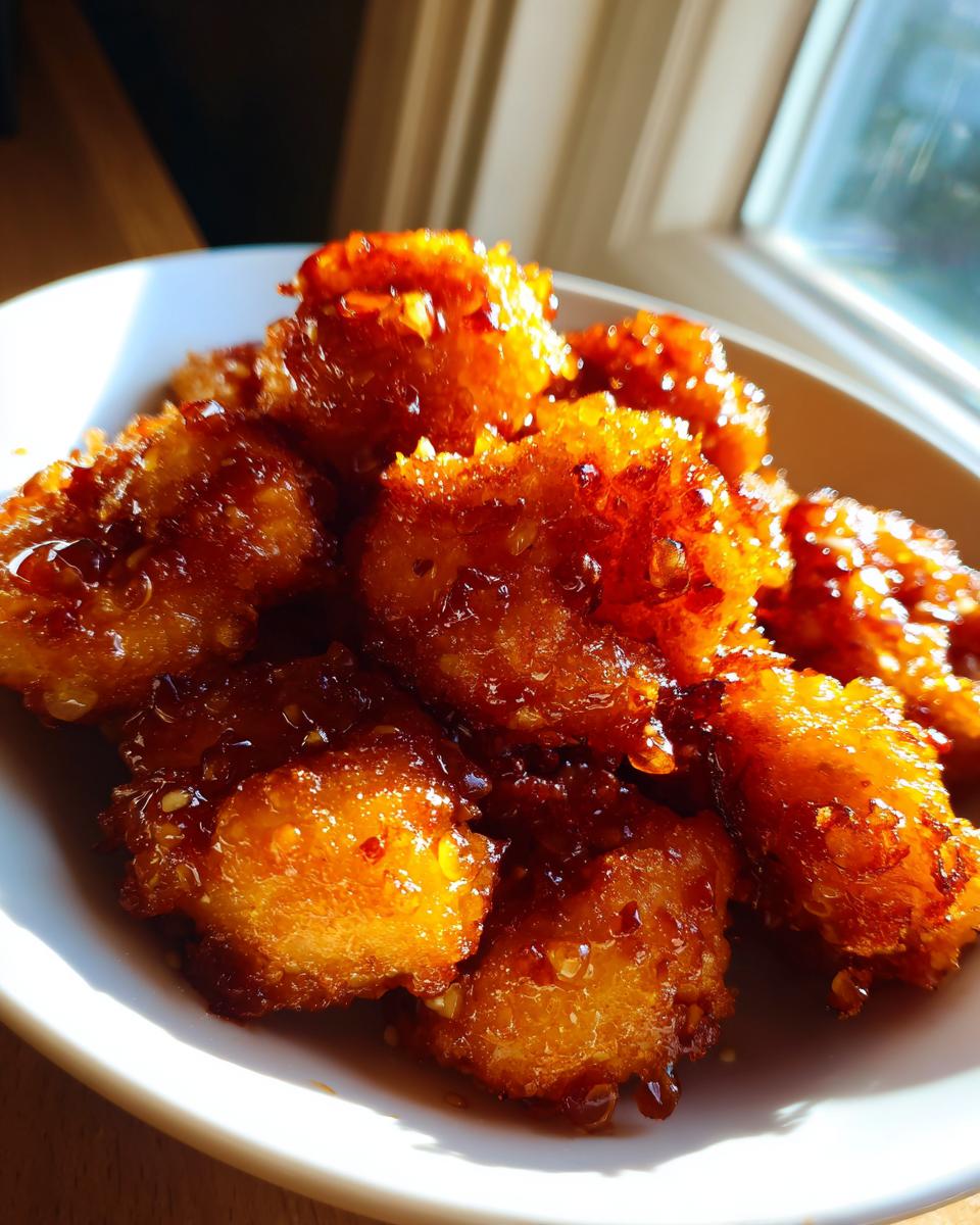 Close-up of crispy, golden fried shrimp coated in a sticky, glistening hot honey glaze.