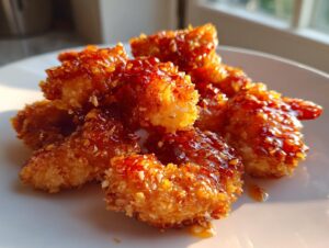A pile of crispy, golden hot honey fried shrimp coated in a shiny, reddish-brown glaze and sesame seeds.