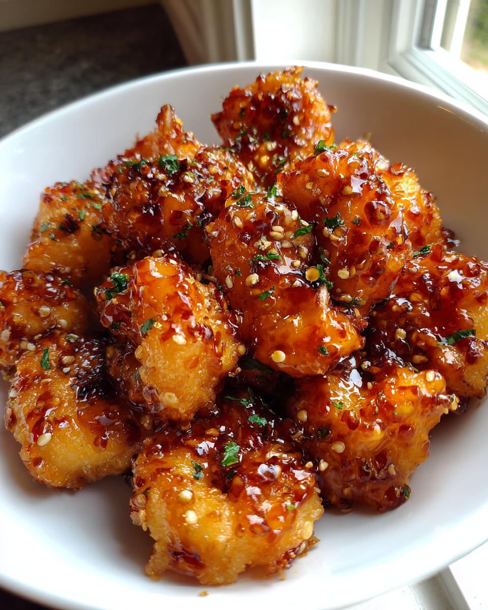 Close-up of crispy, golden fried shrimp coated in a glossy hot honey glaze and sprinkled with sesame seeds.