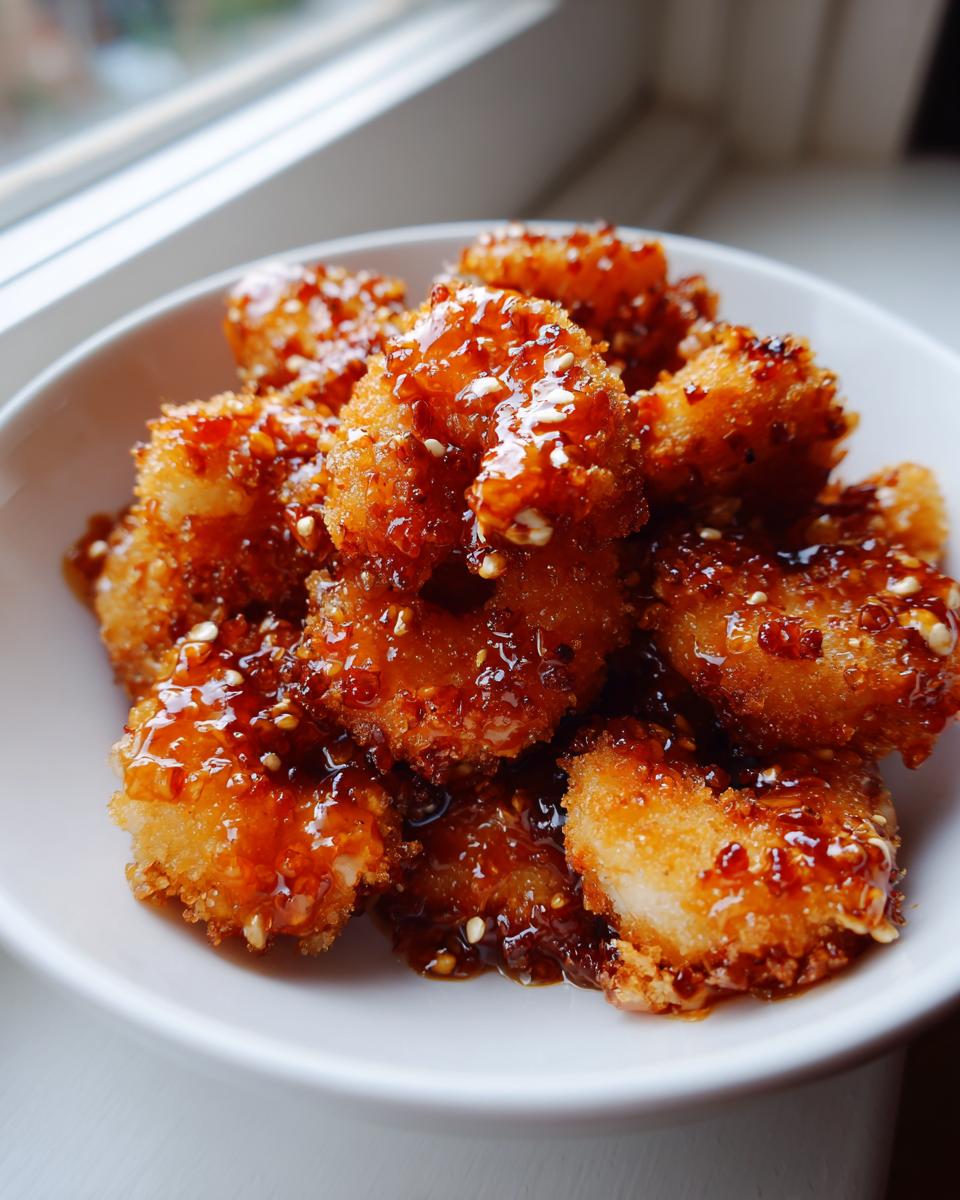 Close-up of crispy hot honey fried shrimp coated in a glossy, spicy glaze and sesame seeds.