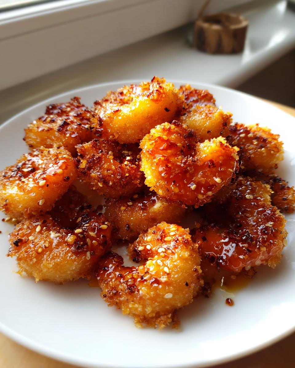 Close-up of crispy, golden hot honey fried shrimp drizzled with glaze and sprinkled with sesame seeds on a white plate.