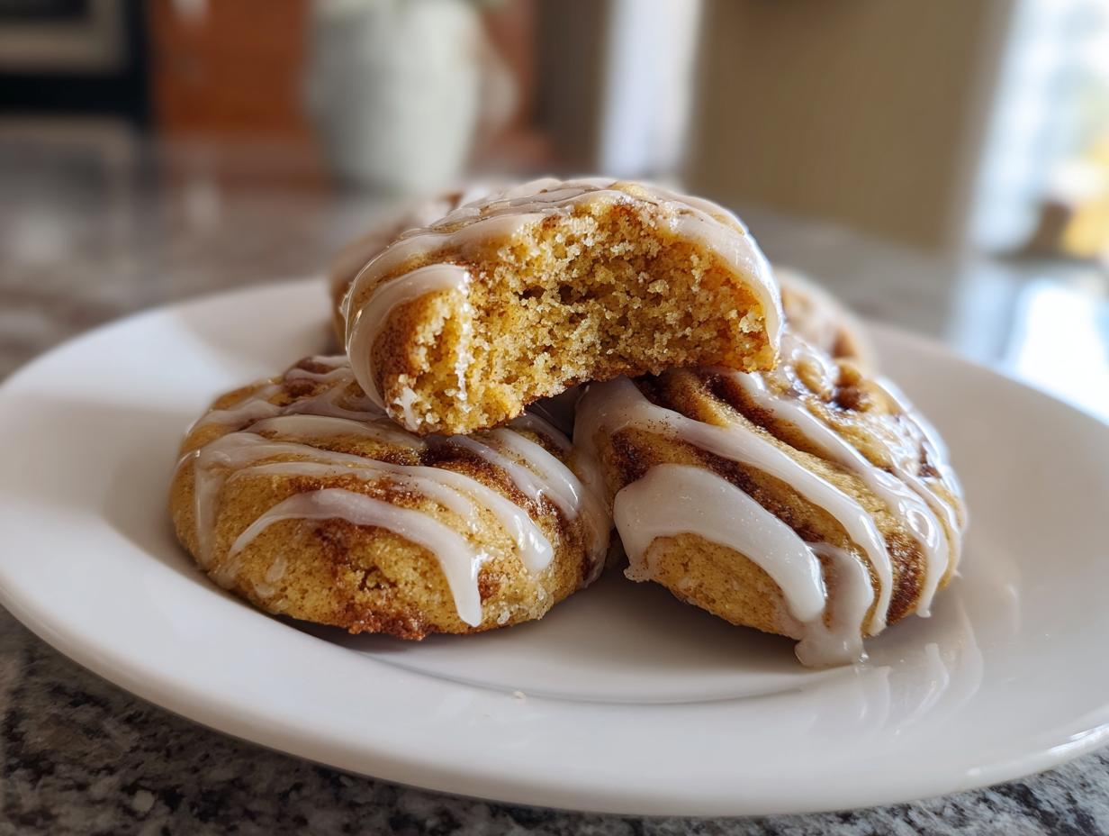 A stack of three soft cinnamon roll cookies drizzled with white icing, one broken open to show the texture.