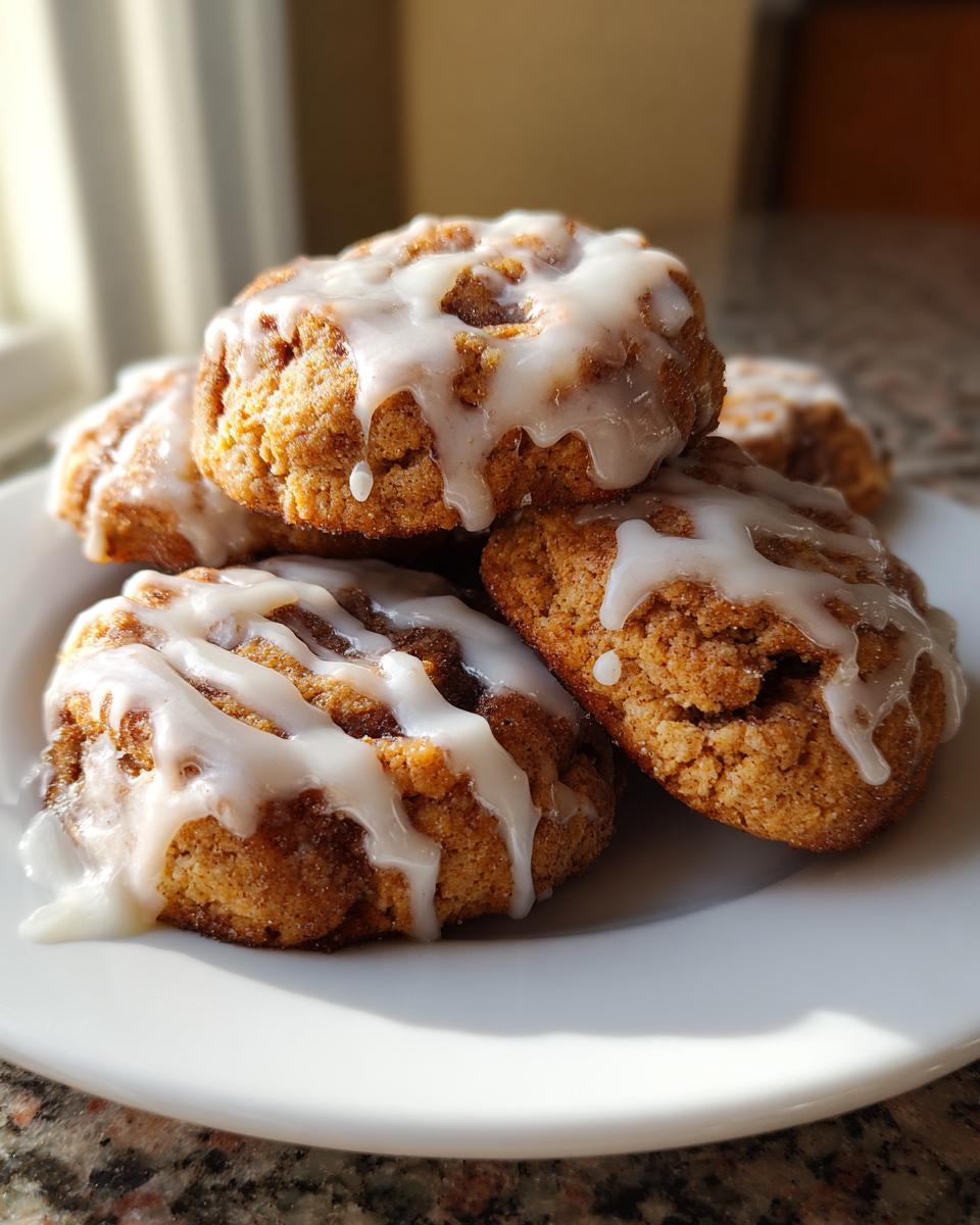 A stack of warm, golden brown cinnamon roll cookies drizzled generously with white icing, sitting on a white plate.