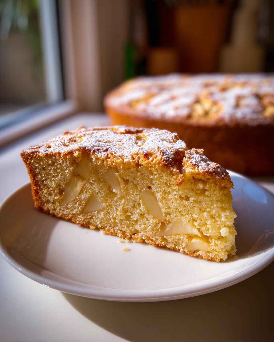 A close-up slice of moist Italian apple cake, featuring visible apple chunks and dusted with powdered sugar.