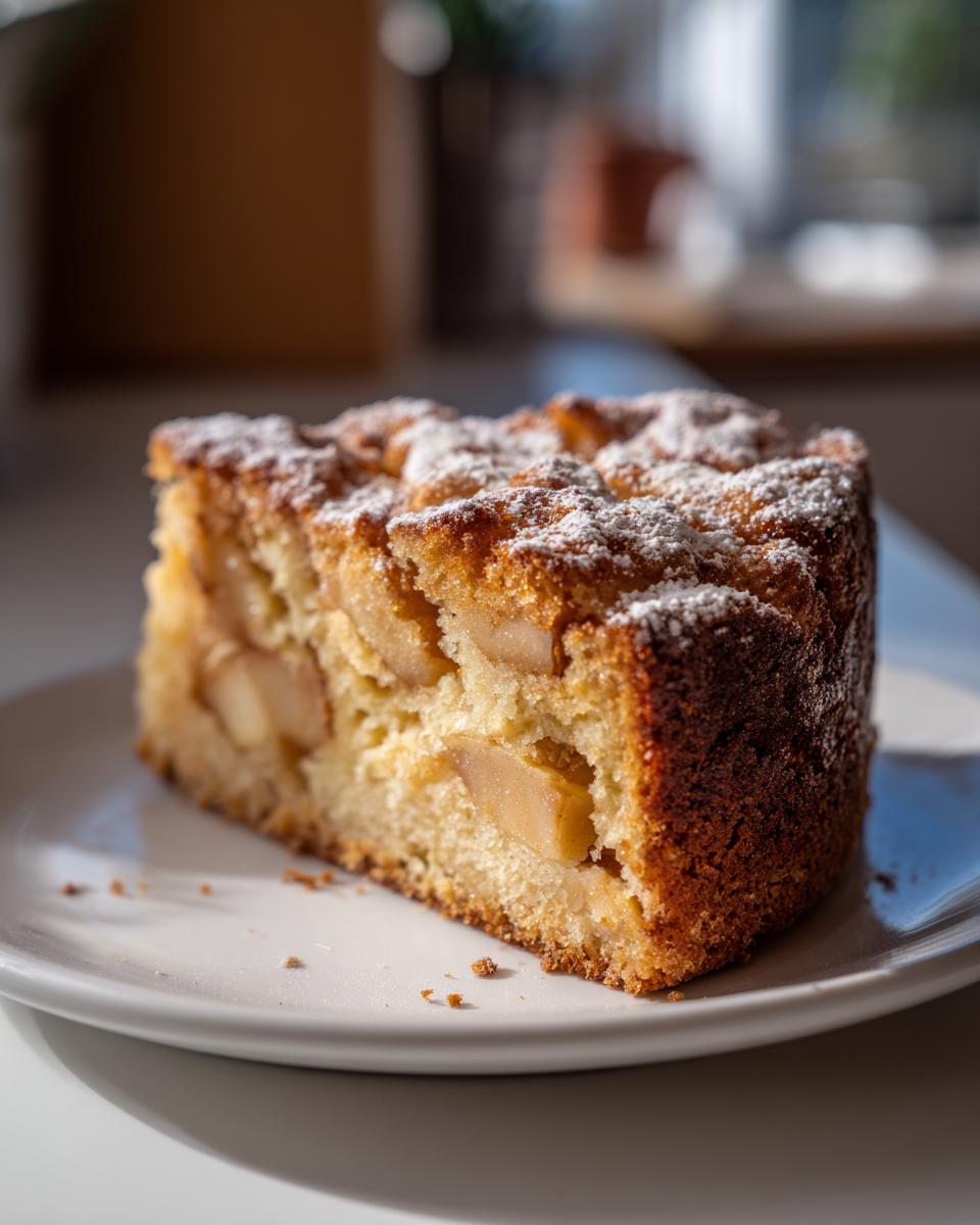 A close-up of a moist slice of Italian apple cake, studded with baked apple pieces and dusted with powdered sugar.