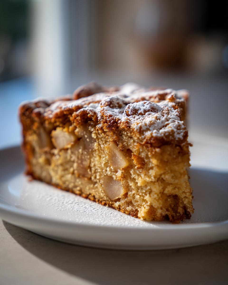 Close-up of a moist slice of Italian apple cake dusted with powdered sugar on a white plate.