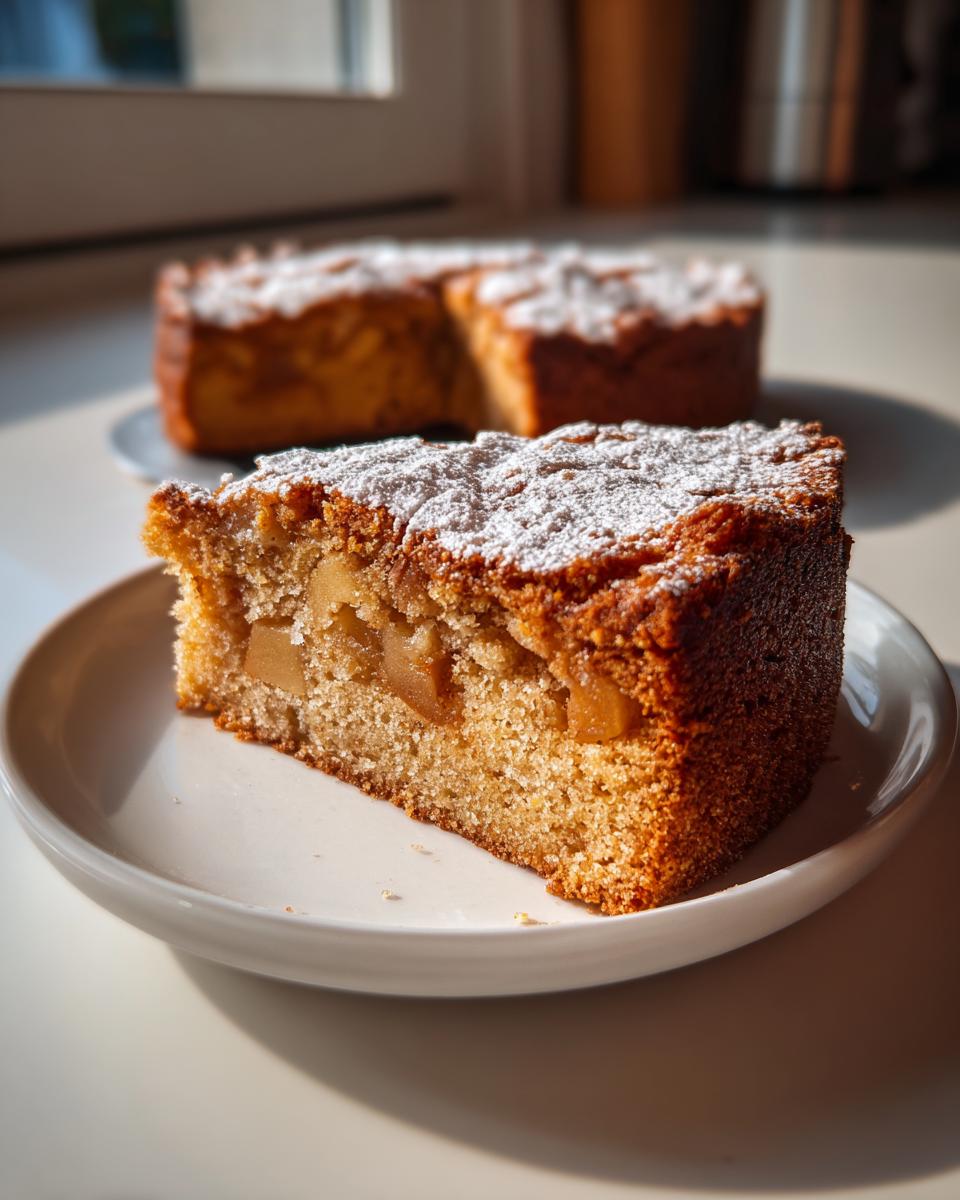 A close-up slice of moist Italian apple cake topped with powdered sugar, with the rest of the cake blurred in the background.