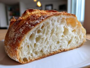 Close-up of a freshly baked Italian bread slice showing an open, airy crumb structure and golden crust.