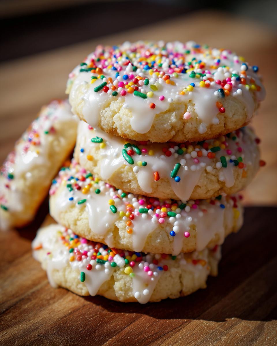 A stack of four soft Italian Christmas cookies topped with thick white glaze and colorful sprinkles.