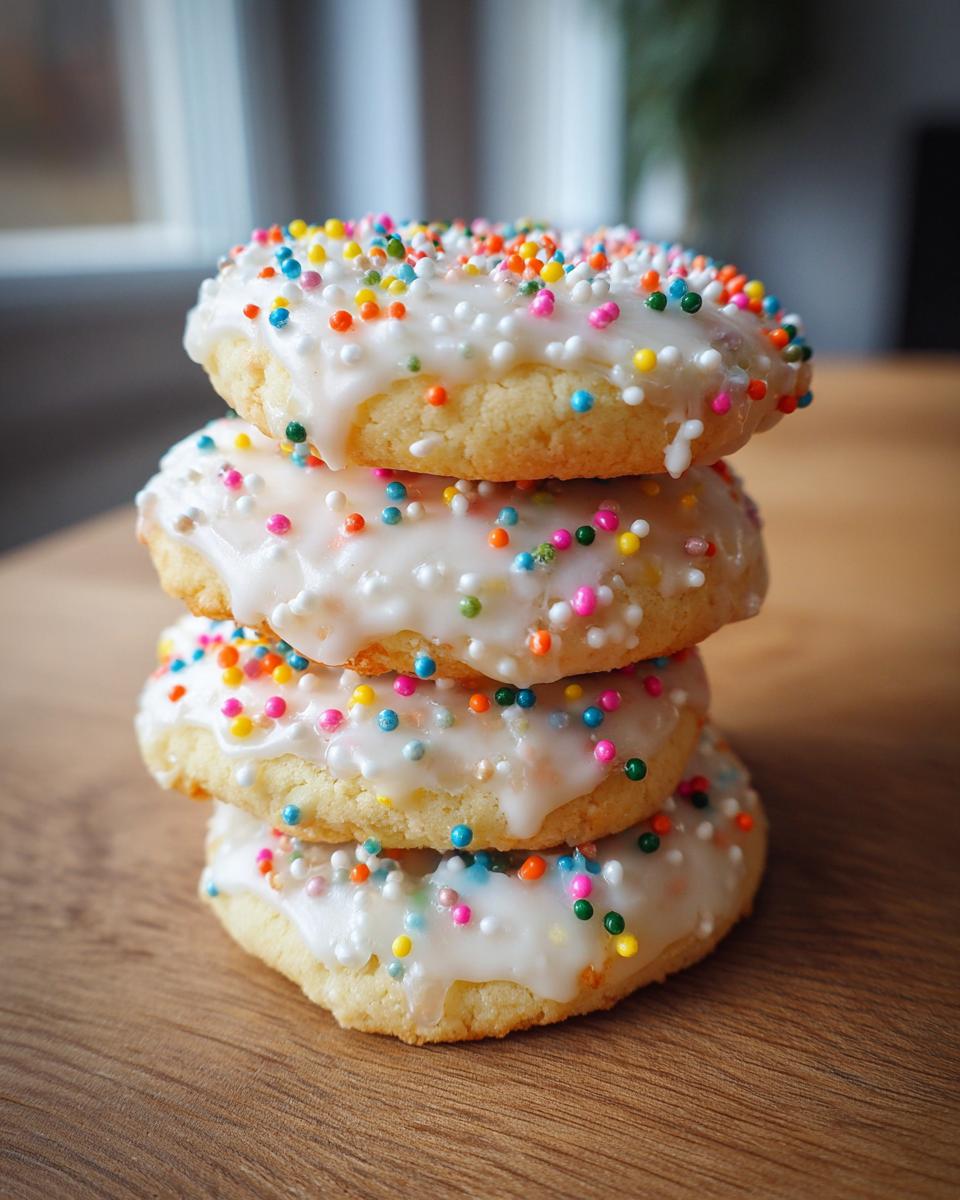 A stack of four soft Italian Christmas cookies topped with white glaze and colorful sprinkles.