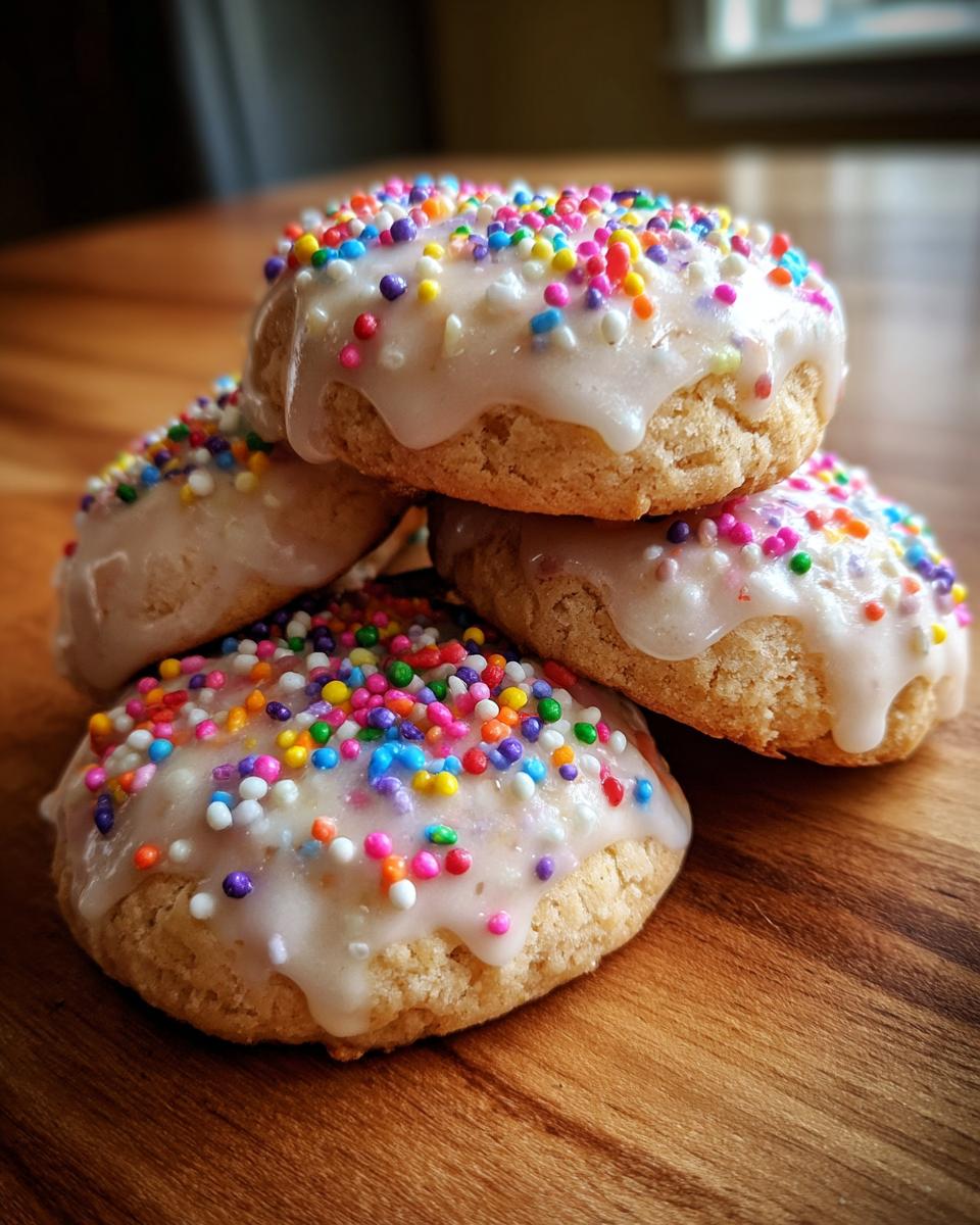 A stack of four soft Italian Christmas cookies topped with thick white glaze and colorful rainbow sprinkles.