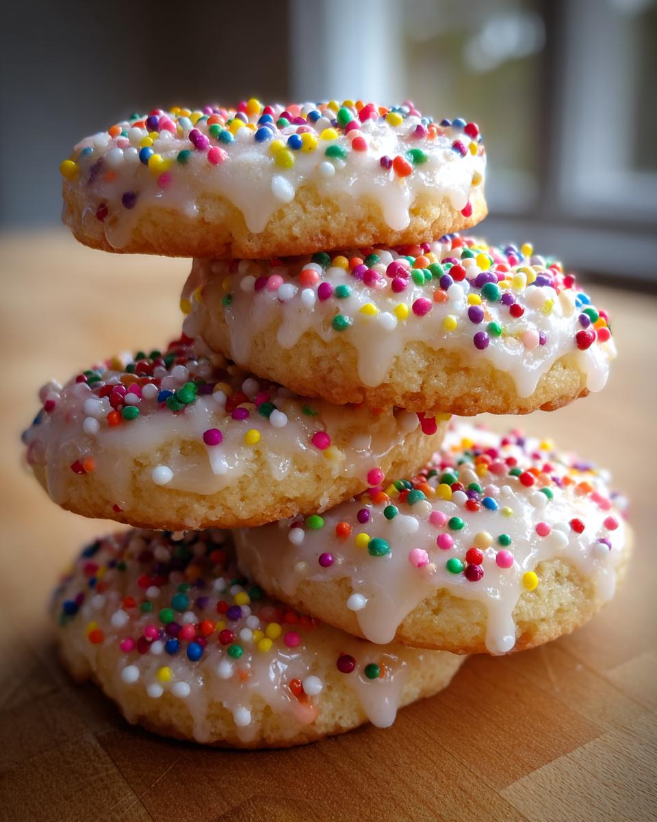 A stack of four soft Italian Christmas cookies topped with white glaze and colorful nonpareil sprinkles.