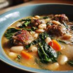 Close-up of Italian sausage white bean soup featuring sausage meatballs, cannellini beans, spinach, and carrots in a savory broth.
