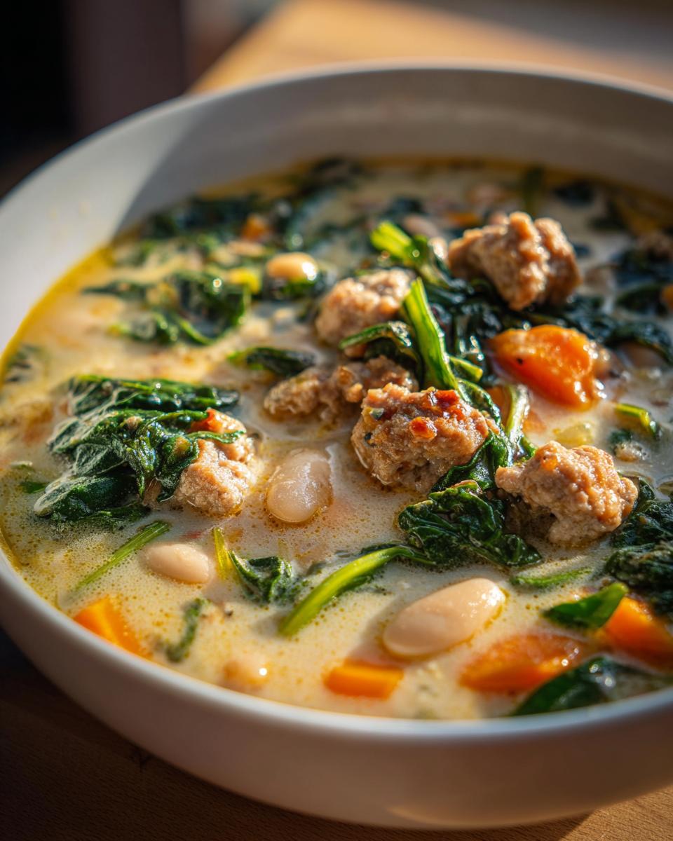 Close-up of creamy Italian sausage white bean soup featuring sausage crumbles, white beans, spinach, and carrots.