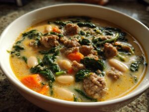 Close-up of a hearty bowl of Italian sausage white bean soup with spinach and carrots in a creamy broth.