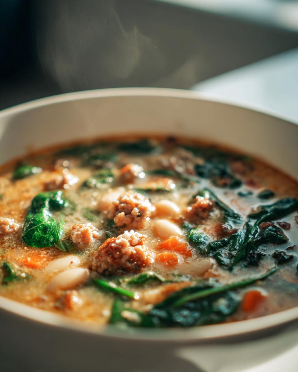 Close-up of a steaming bowl of Italian sausage white bean soup with spinach and carrots.