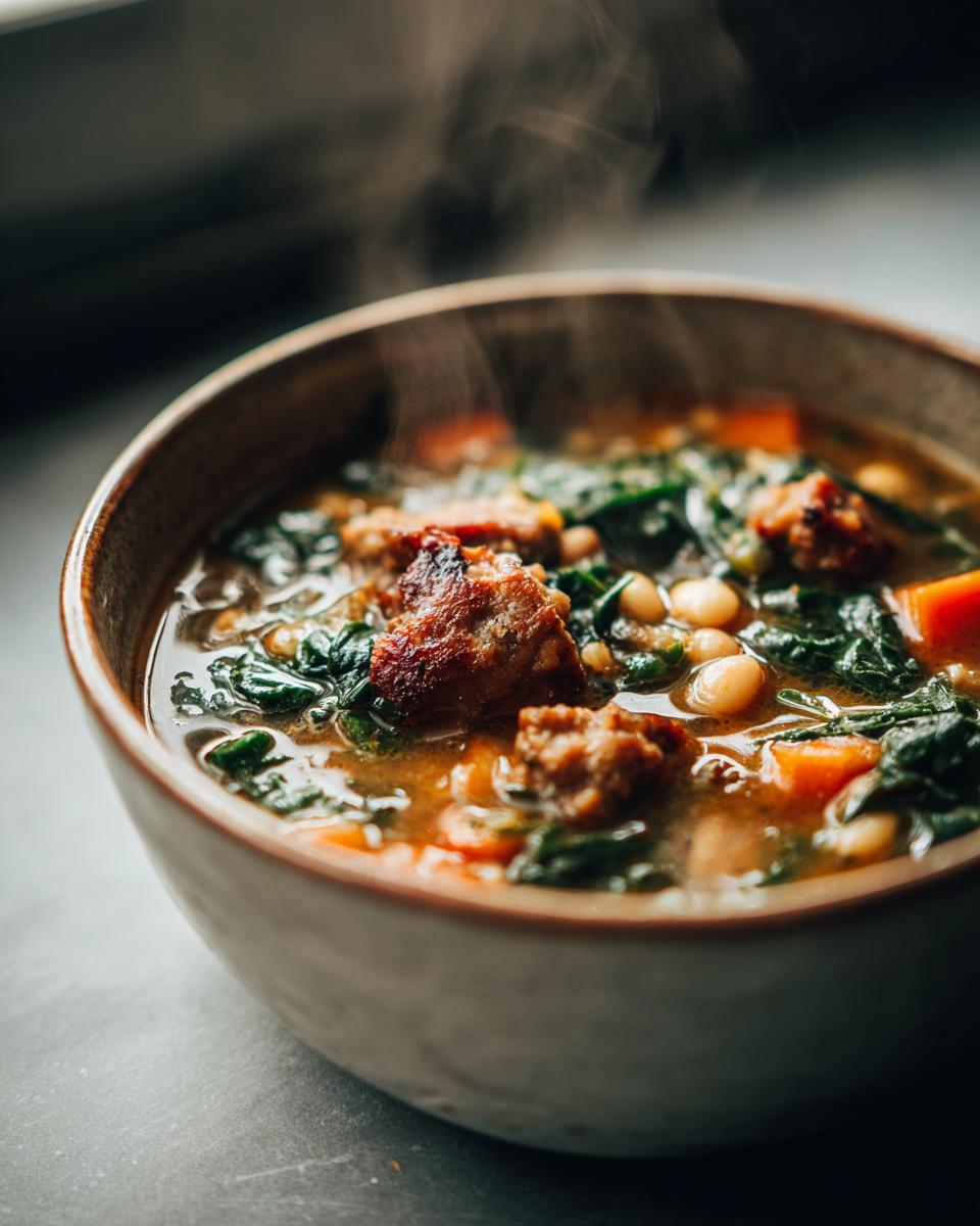 Close-up of a steaming bowl of Italian sausage white bean soup with kale and carrots.