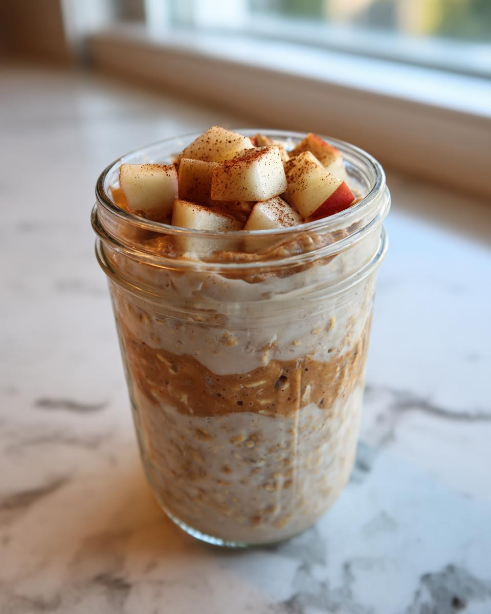 Close-up of apple cinnamon overnight oats layered with peanut butter in a mason jar, topped with diced apples and cinnamon.