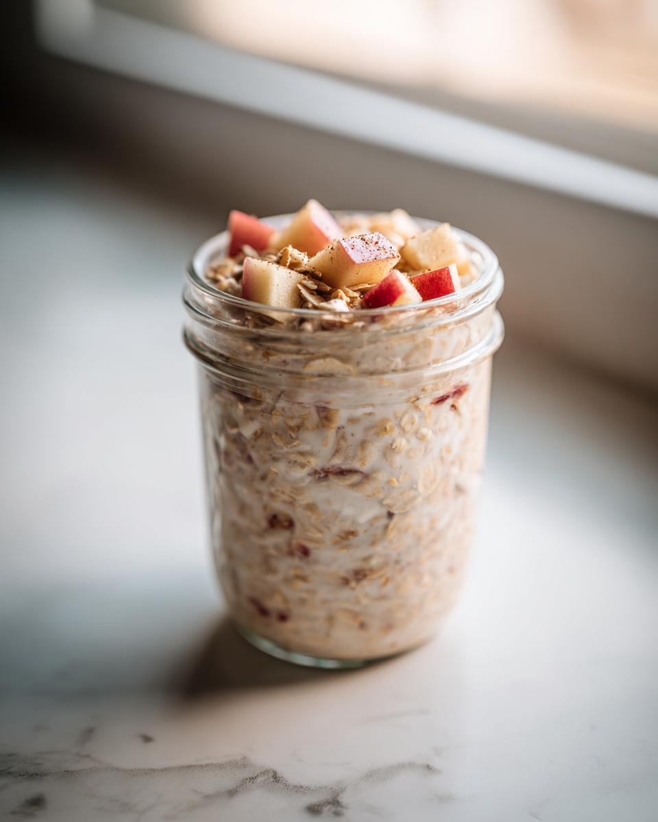 A glass jar filled with creamy apple cinnamon overnight oats, topped with diced fresh apples and cinnamon.