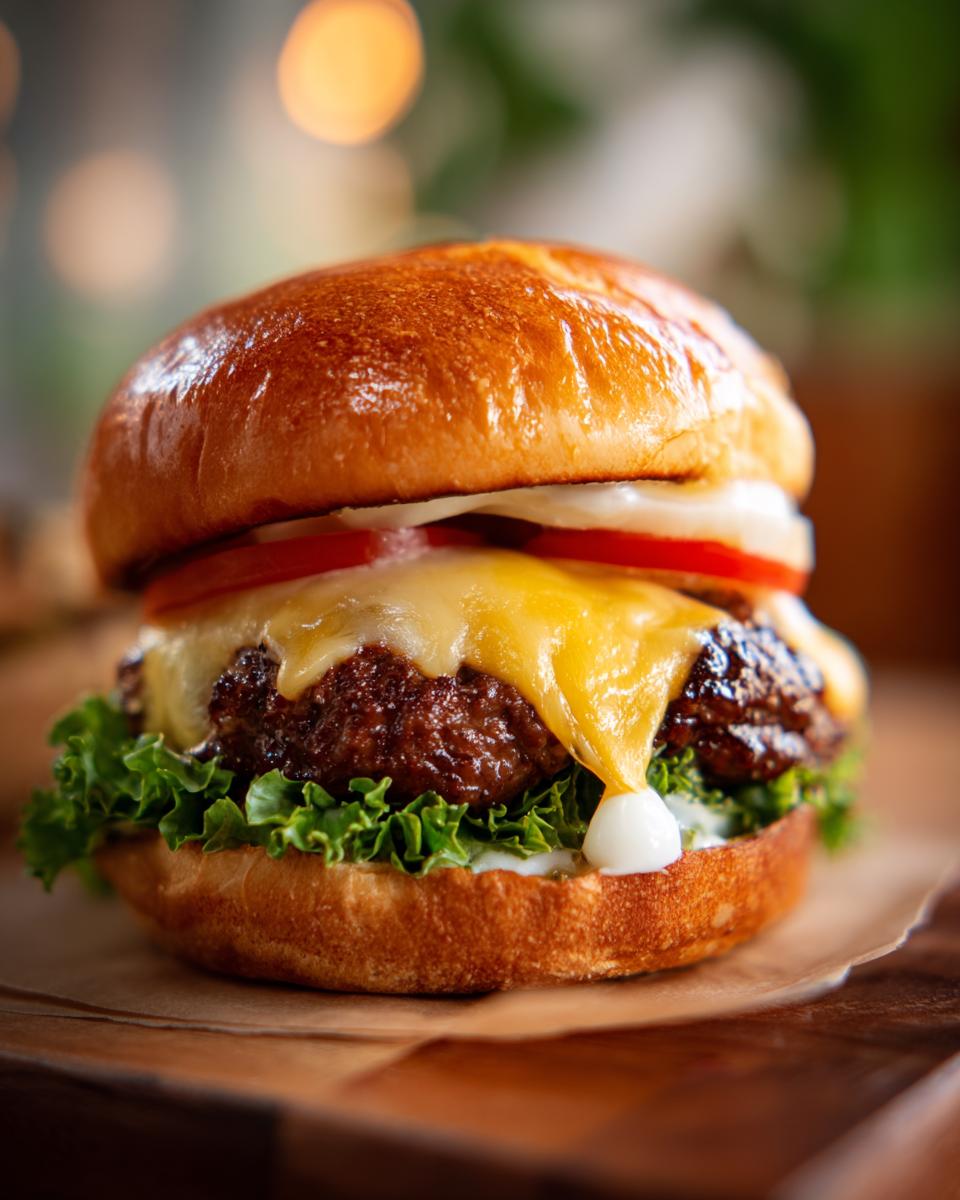 A perfectly assembled juicy burger featuring a golden bun, melted cheese, fresh lettuce, tomato, and onion.