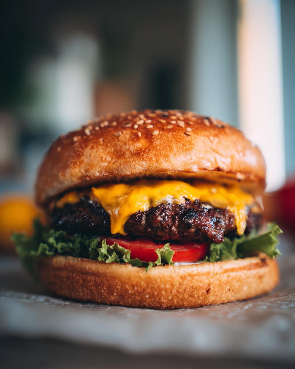 A close-up of a perfectly cooked juicy burger with melted cheddar cheese, crisp lettuce, and a ripe tomato slice.