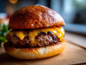 Close-up of a perfectly juicy burger with melted cheddar cheese and a toasted bun on a wooden board.