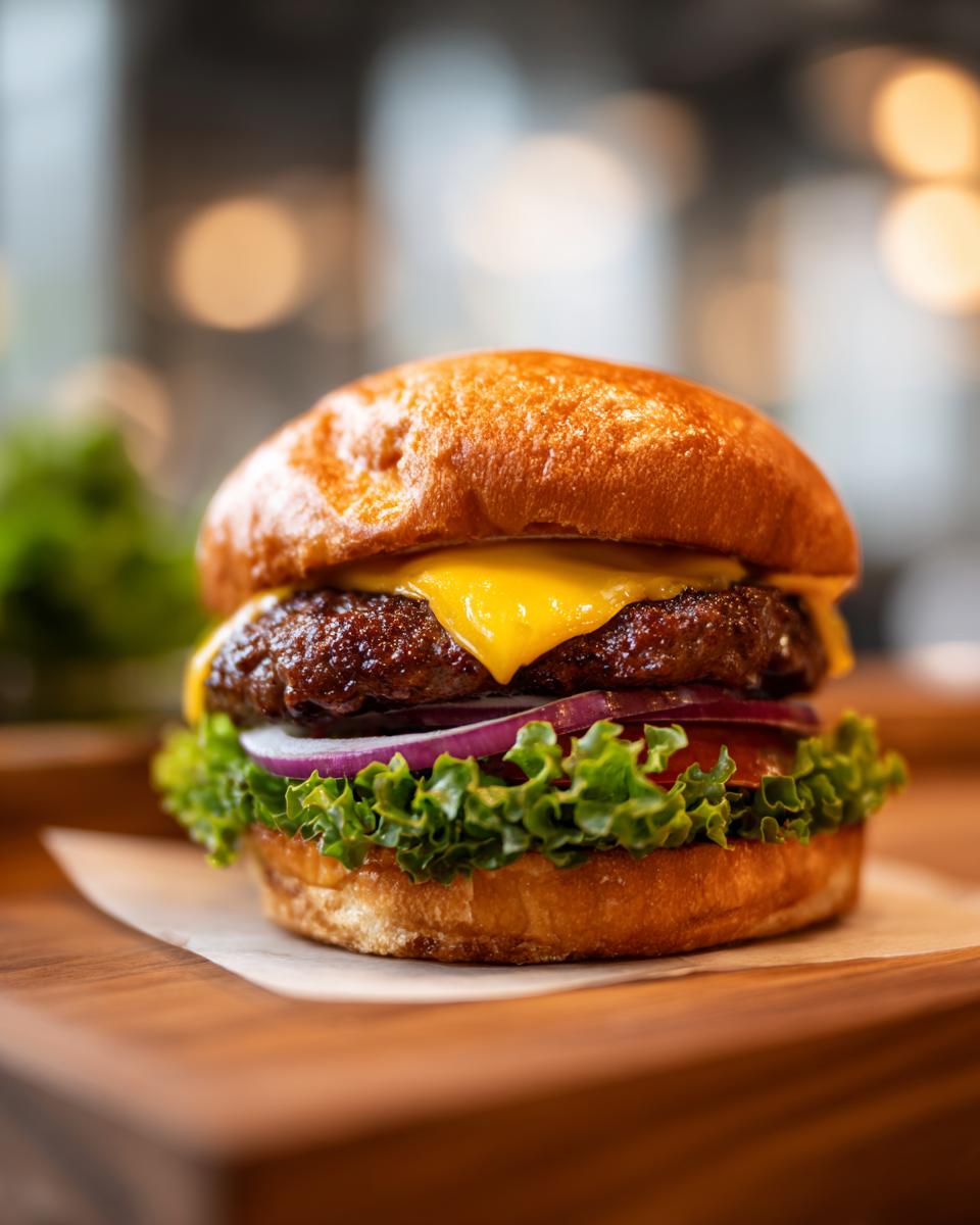 A close-up of a perfectly assembled juicy burger with melted cheddar cheese, crisp lettuce, and red onion.