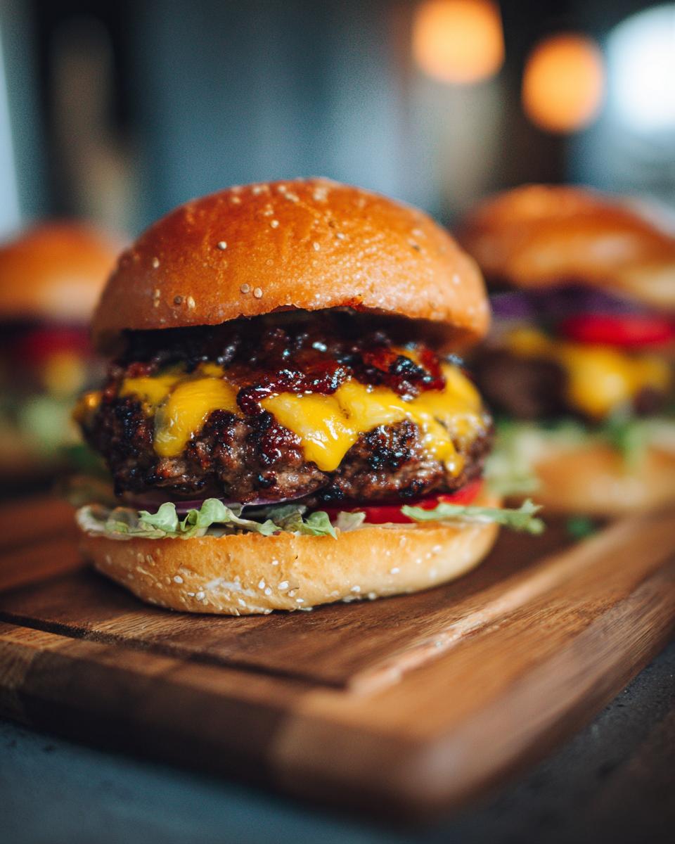 Close-up of a perfectly cooked juicy burger with melted cheddar cheese, crispy bacon, lettuce, and tomato on a sesame seed bun.