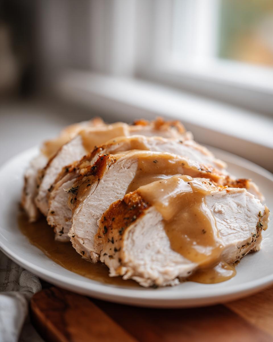 Slices of juicy crockpot turkey breast, seasoned and topped with savory brown gravy, served on a white plate.