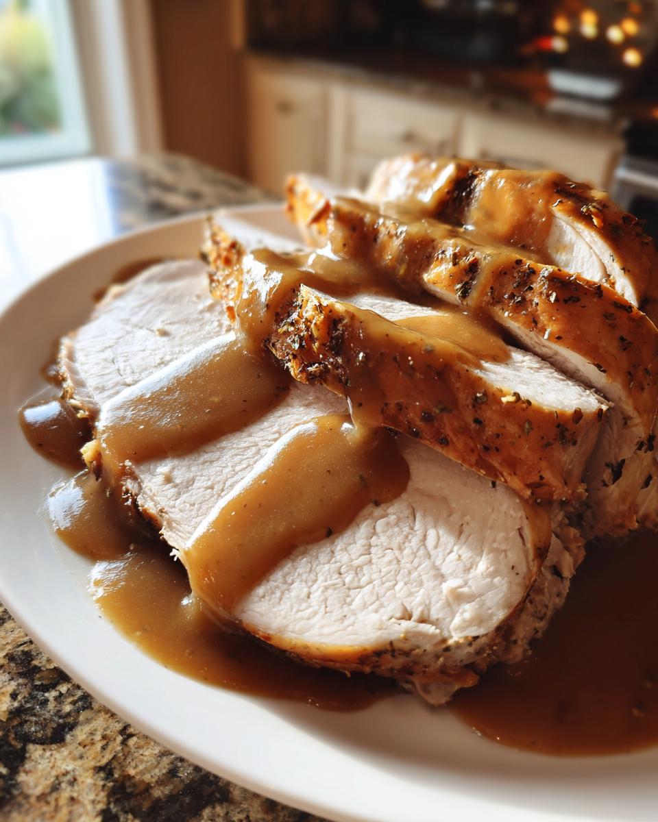 Close-up of sliced, juicy crockpot turkey breast generously topped with brown gravy on a white plate.