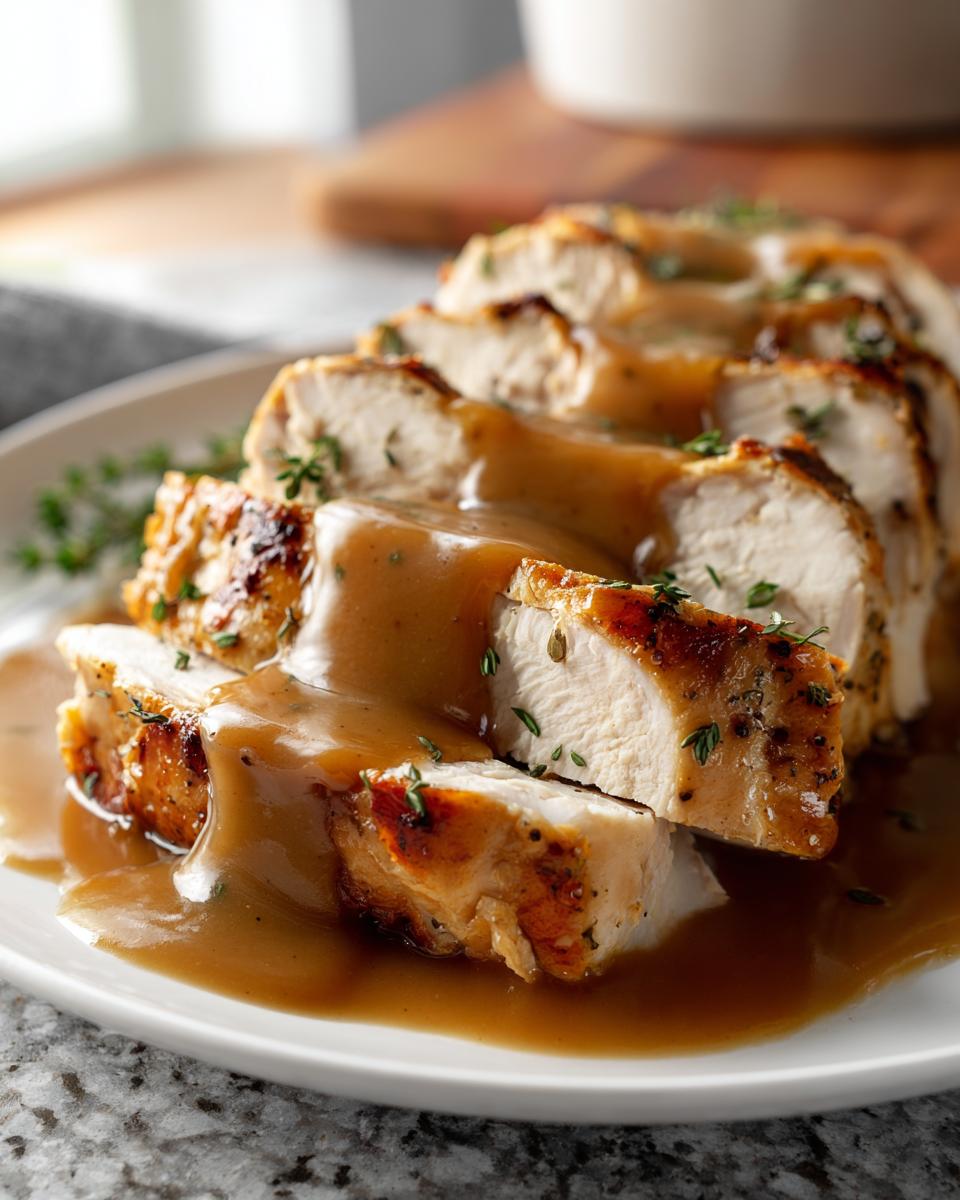 Close-up of sliced, juicy crockpot turkey breast covered in rich brown gravy and garnished with thyme.