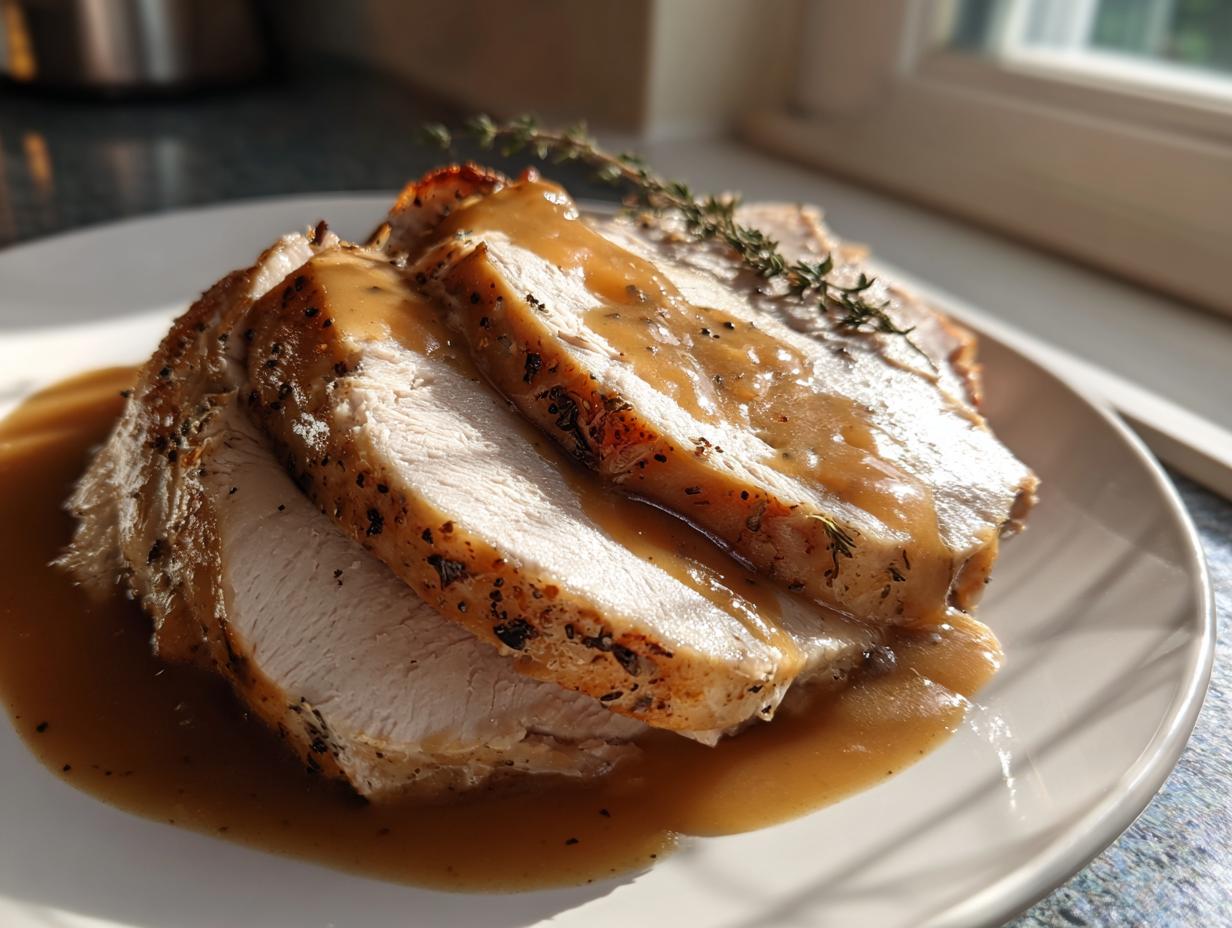 Slices of juicy crockpot turkey breast covered in savory brown gravy and garnished with fresh thyme.