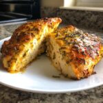 Close-up of a juicy Greek chicken breast, sliced to show the tender interior and herb-crusted exterior.