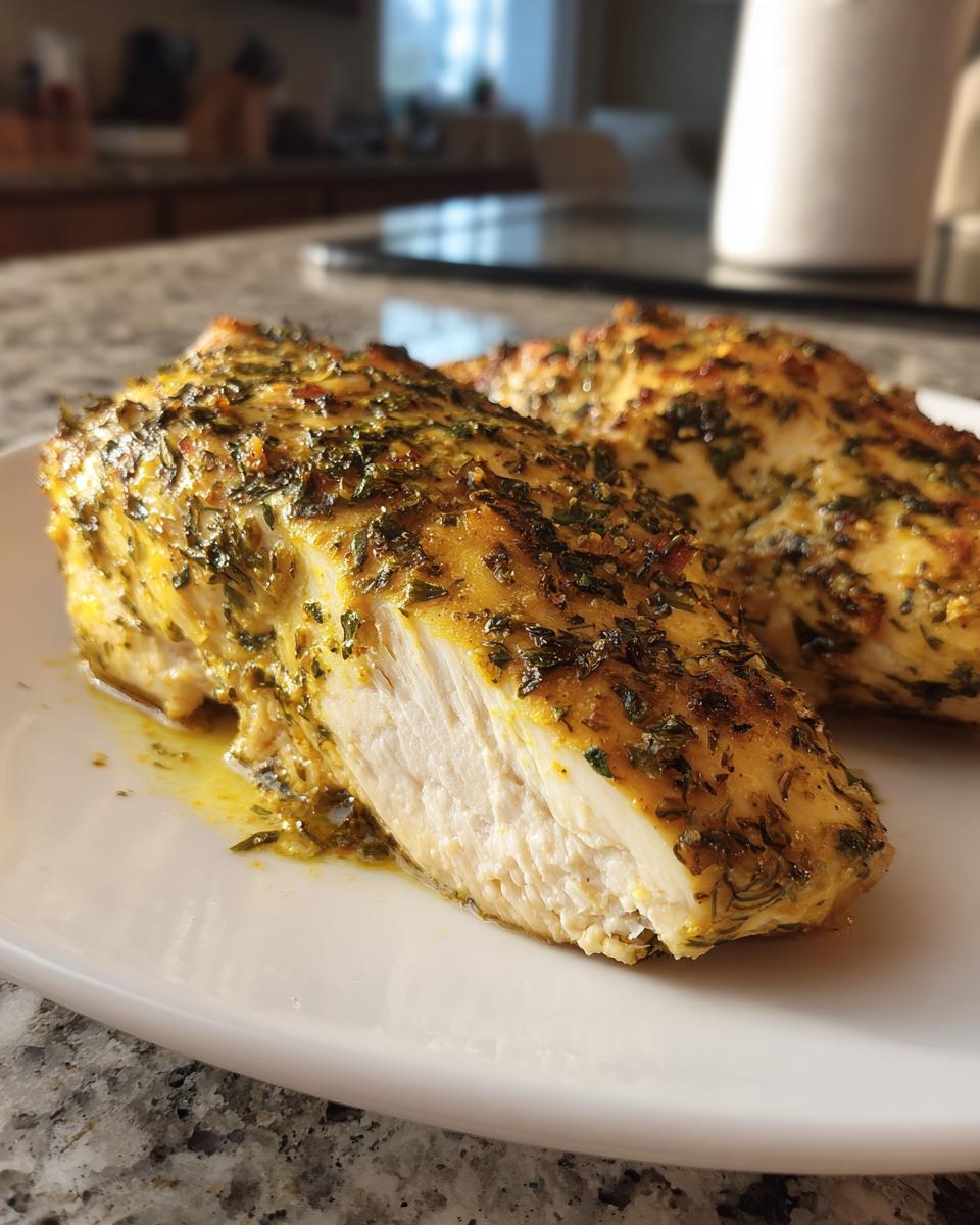 Close-up of a perfectly cooked, juicy greek chicken breast, seasoned with herbs and spices.