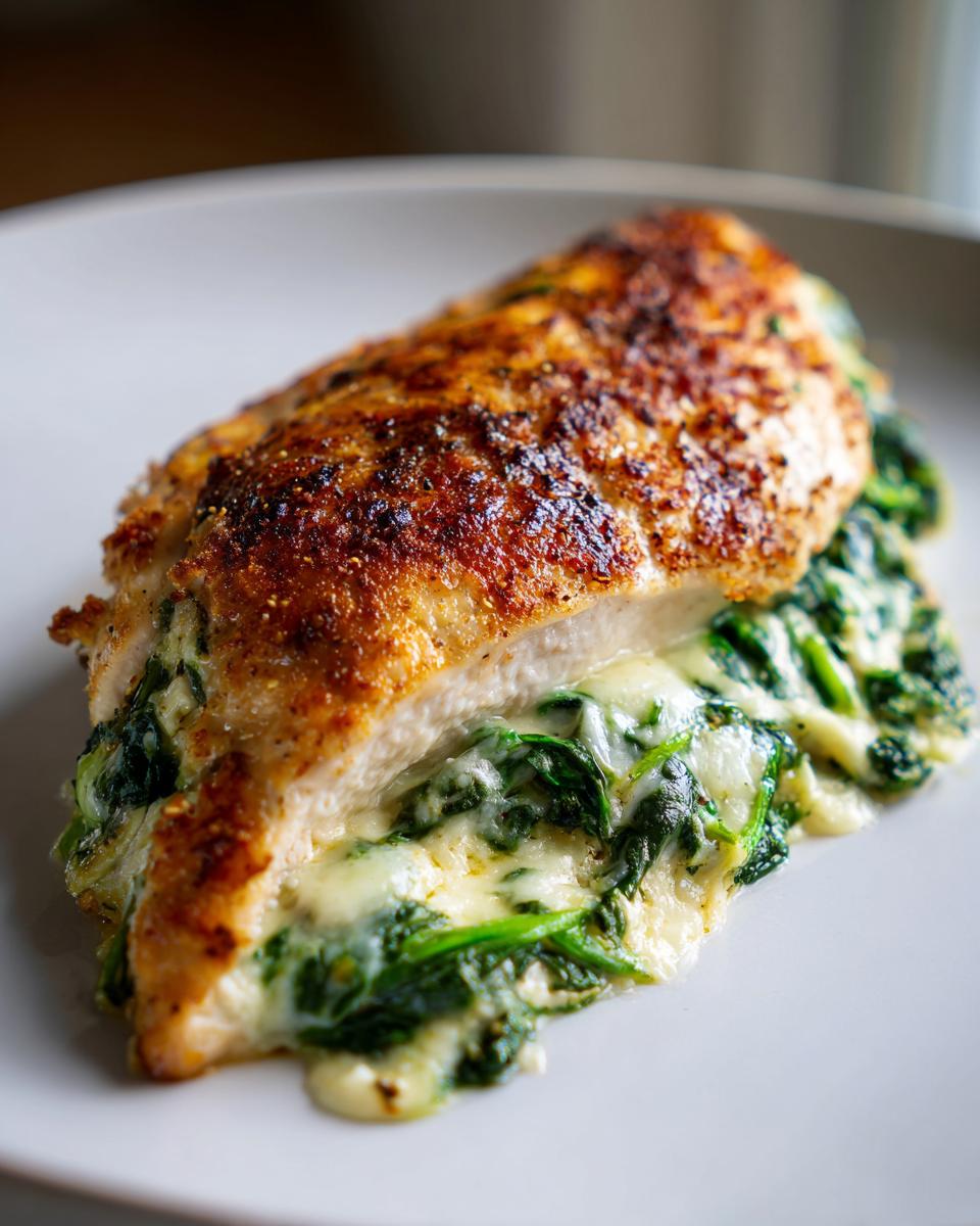 A perfectly seared spinach stuffed chicken breast sliced open to show melted cheese and creamy spinach filling.