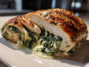 Close-up of juicy spinach stuffed chicken, sliced open to show creamy spinach and melted cheese filling.