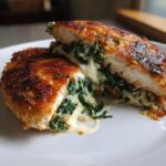 Close-up of juicy spinach stuffed chicken cut open, showing melted cheese oozing out.