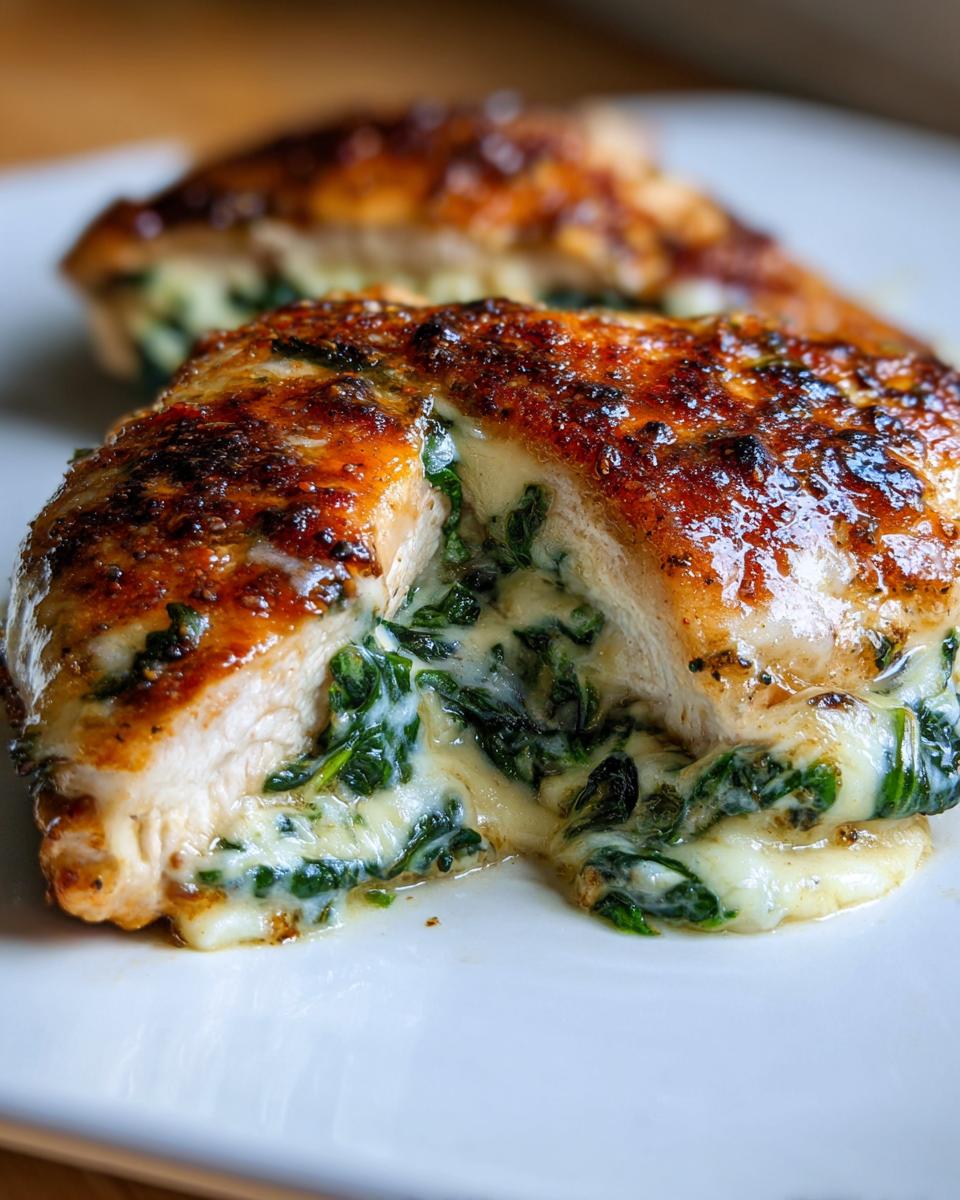Close-up of juicy spinach stuffed chicken breast cut in half, showing melted cheese and spinach filling.