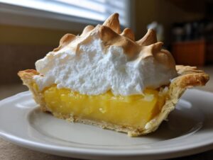 A cross-section of a single-serving lemon meringue tart showing bright yellow curd and tall, toasted meringue peaks.